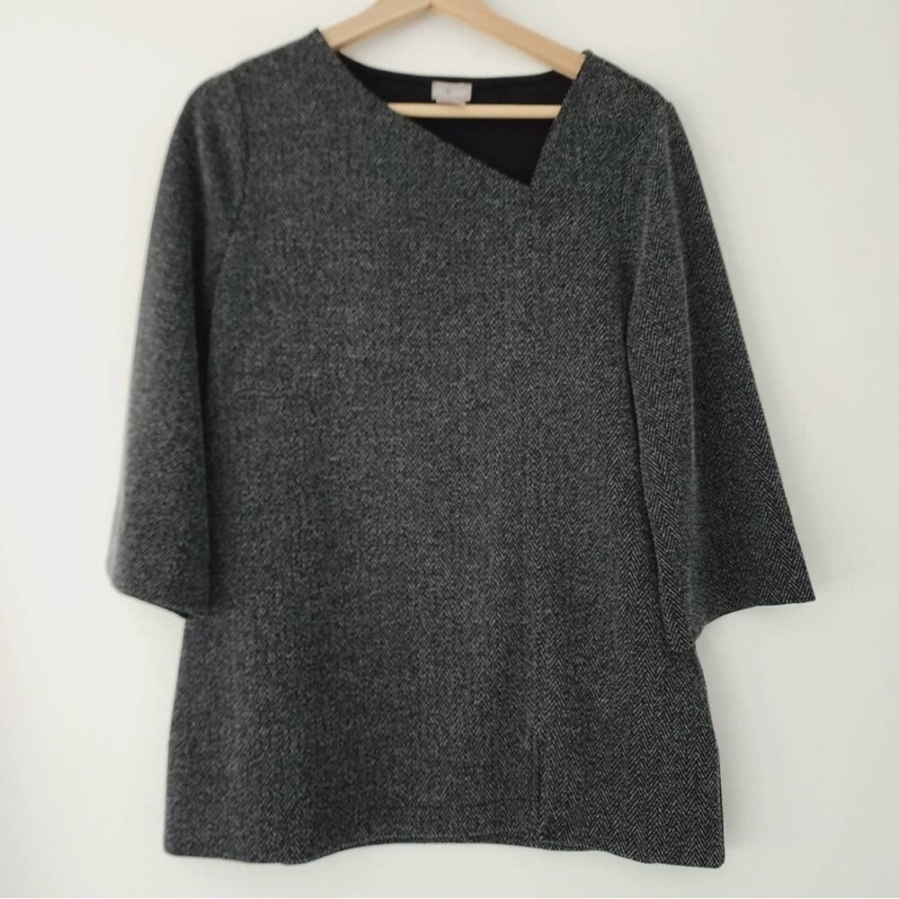 Chicos 3/4 Sleeve Top Asymmetrical collar black herringbone tunic women size 1 M